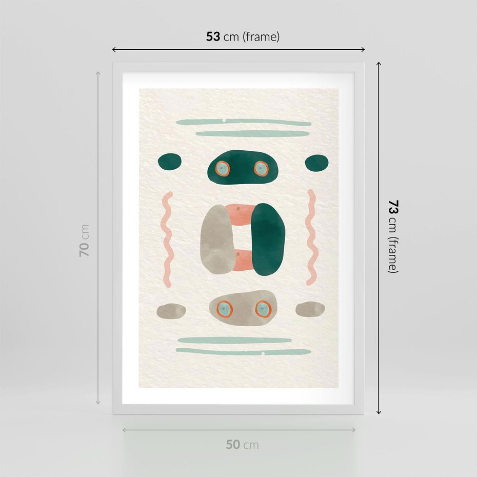 Plakat w ramie 50x70 - Tańczące Kształty Natury - przypadkowe abstrakcyjne wzory, pomarańczowy i zielony - rama biała