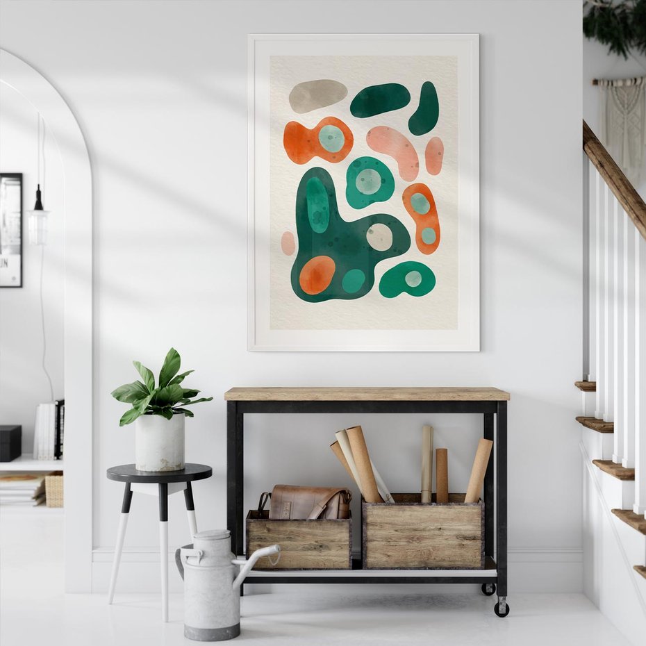 Plakat bez ramy 21x30 - Kolorowe Przenikanie - przypadkowe abstrakcyjne plamy, pomarańczowy i zielony