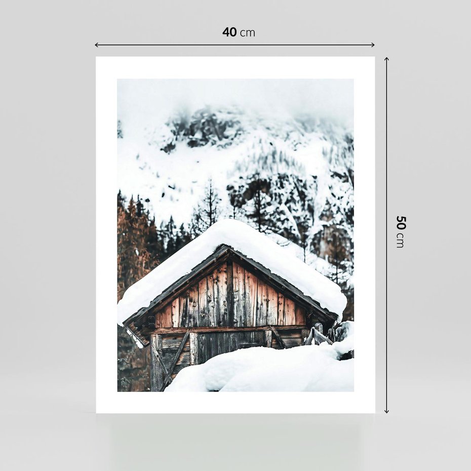 Plakat bez ramy 40x50 - Domek w Górach w Białym Odcieniu - zima, domek w górach