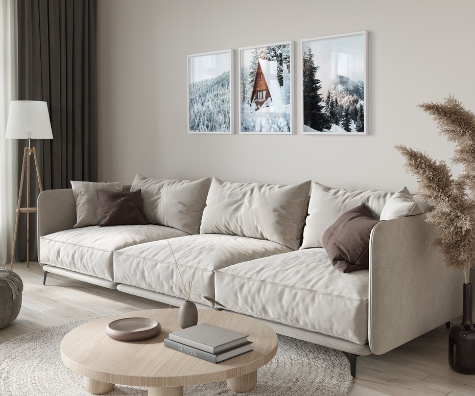 Zestaw obrazy w ramie 50x70 galeria - Zima, górski, domek, śnieg - rama biała