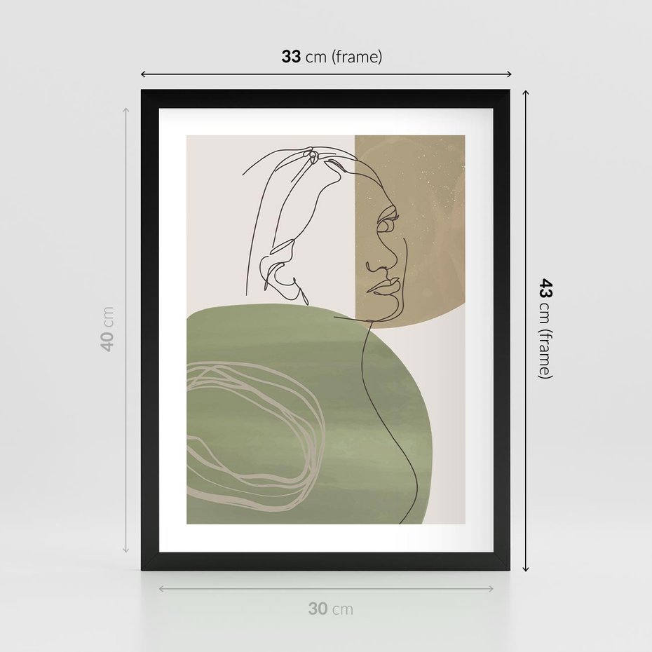 Plakat w ramie 30x40 - Jedna Linia, Wiele Emocji - akwarelowe plamy, na nich szkic postaci kobiety jedną linią - rama czarna