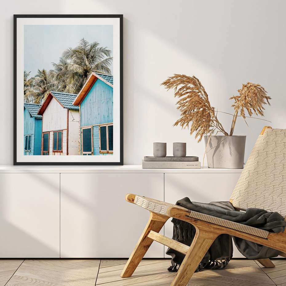 Plakat bez ramy 30x40 - Rajskie Wakacje - domki na plaży, błękitne domki