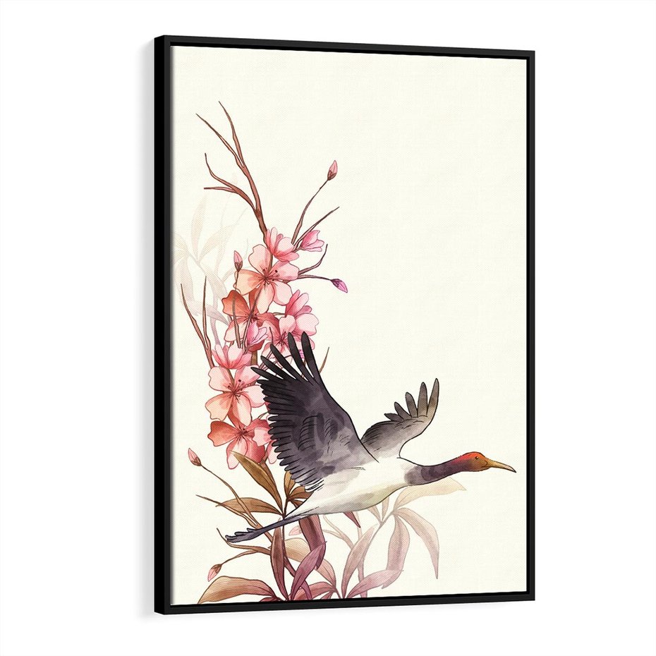 Obraz w ramie 70x100 - Szept Japonii - japońska sztuka, ptak - rama czarna