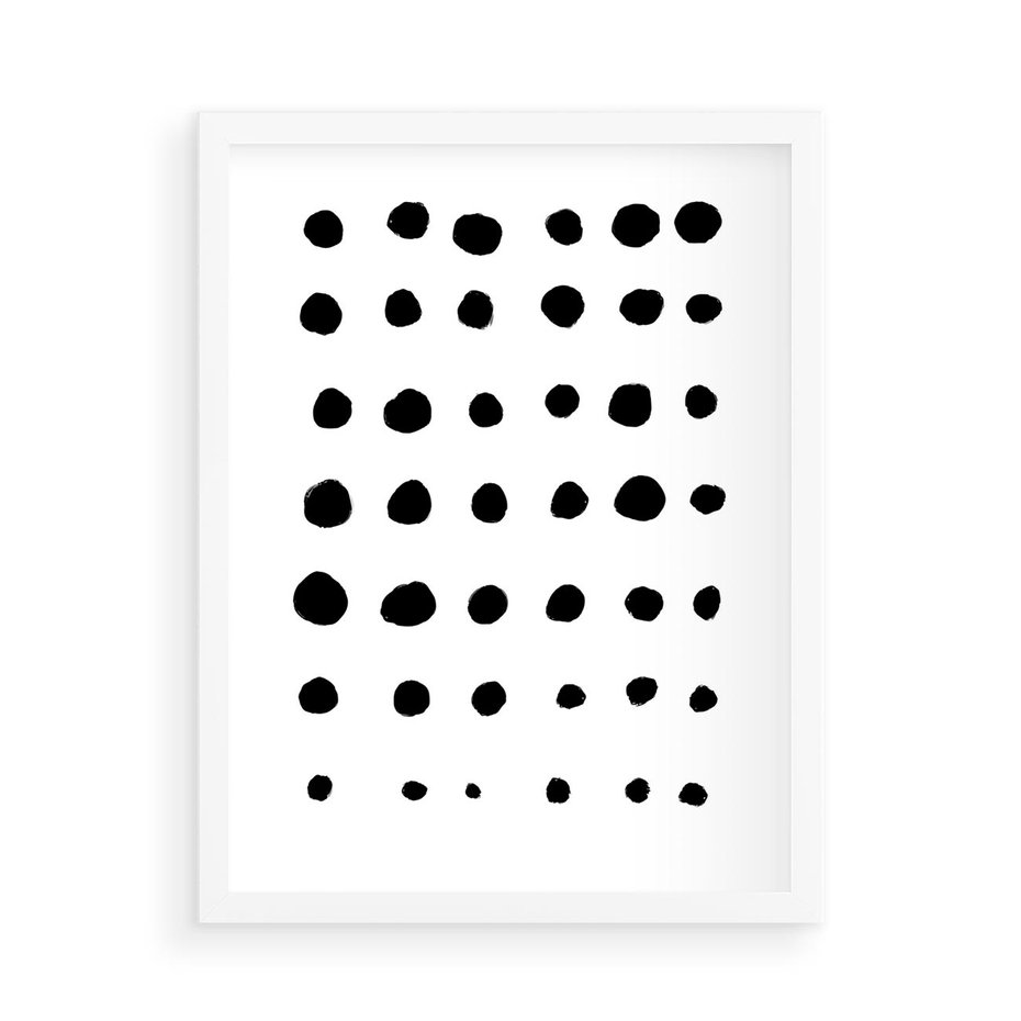 Plakat w ramie 50x70 - Migocące Anomalie - abstrakcyjna kompozycja z czarnych kropek, minimalistyczny czarno bialy plakat - rama biała