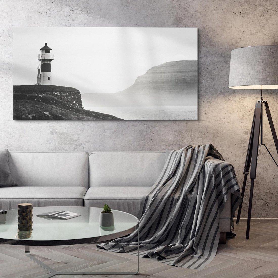 Obraz na płótnie 120x60 - Melancholia Północy - czarnobiała fotografia, nadmorska latarnia na klifie
