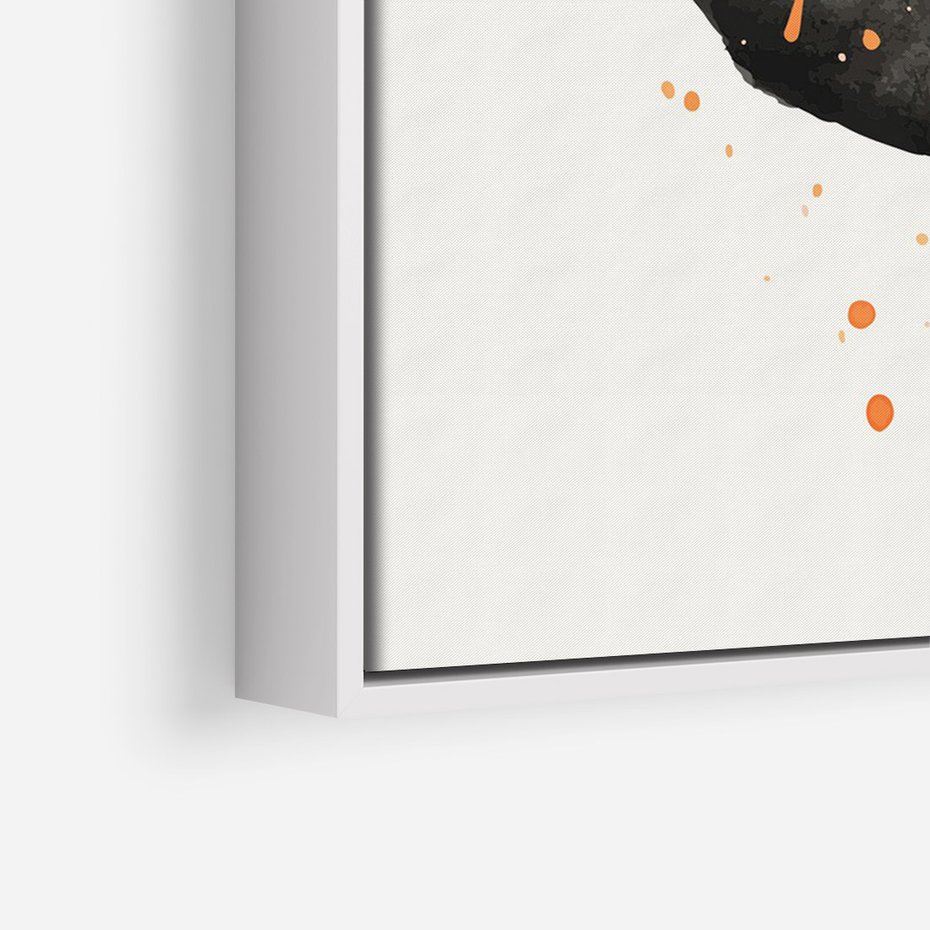 Obraz w ramie 50x70 - Impulsy Kreatywności - abstrakcyjna czarna plama, rozsiane pomarańczowe kropki - rama biała