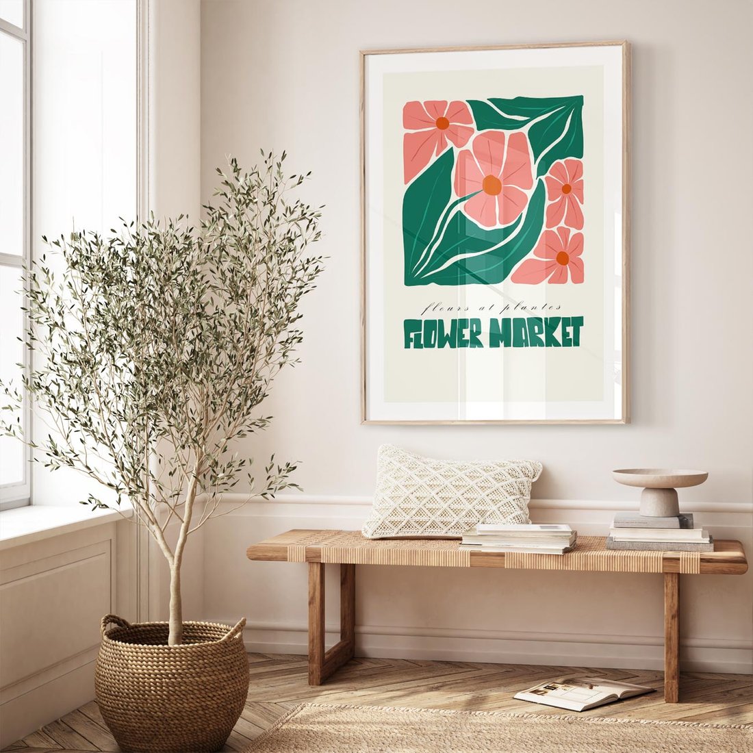 Plakat w ramie 40x50 - Retro Inspiracja - minimalistyczna kwiatowa kompozycja, pastelowe kolory - rama drewno