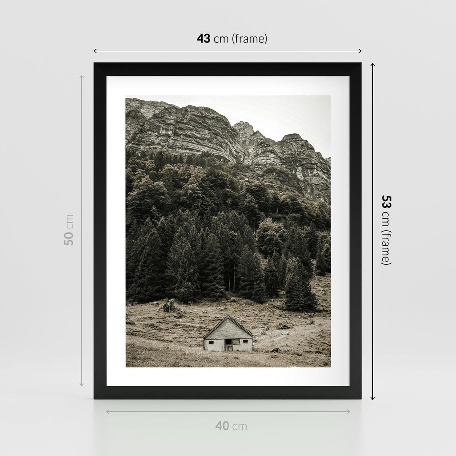 Plakat w ramie 40x50 - Dom w Odcieniach Natury - domek w górach, góry - rama czarna