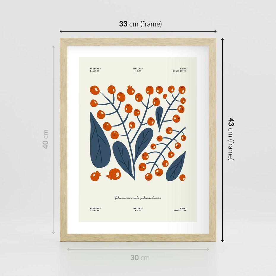 Plakat w ramie 30x40 - Minimalistyczna Uroda Jarzębin - jarzębiny, niebieskie liście - rama drewno