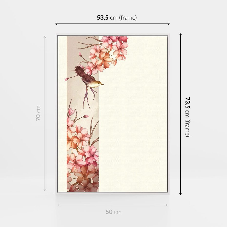 Obraz w ramie 50x70 - Rozkwitające Marzenia - japońska sztuka, ptak - rama biała