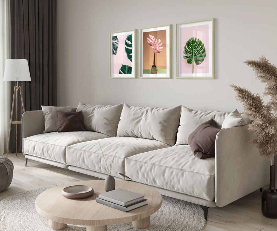 Zestaw obrazy w ramie 50x70 galeria - Monstera, liście, pastelowe, tło, tropikalne - rama drewno