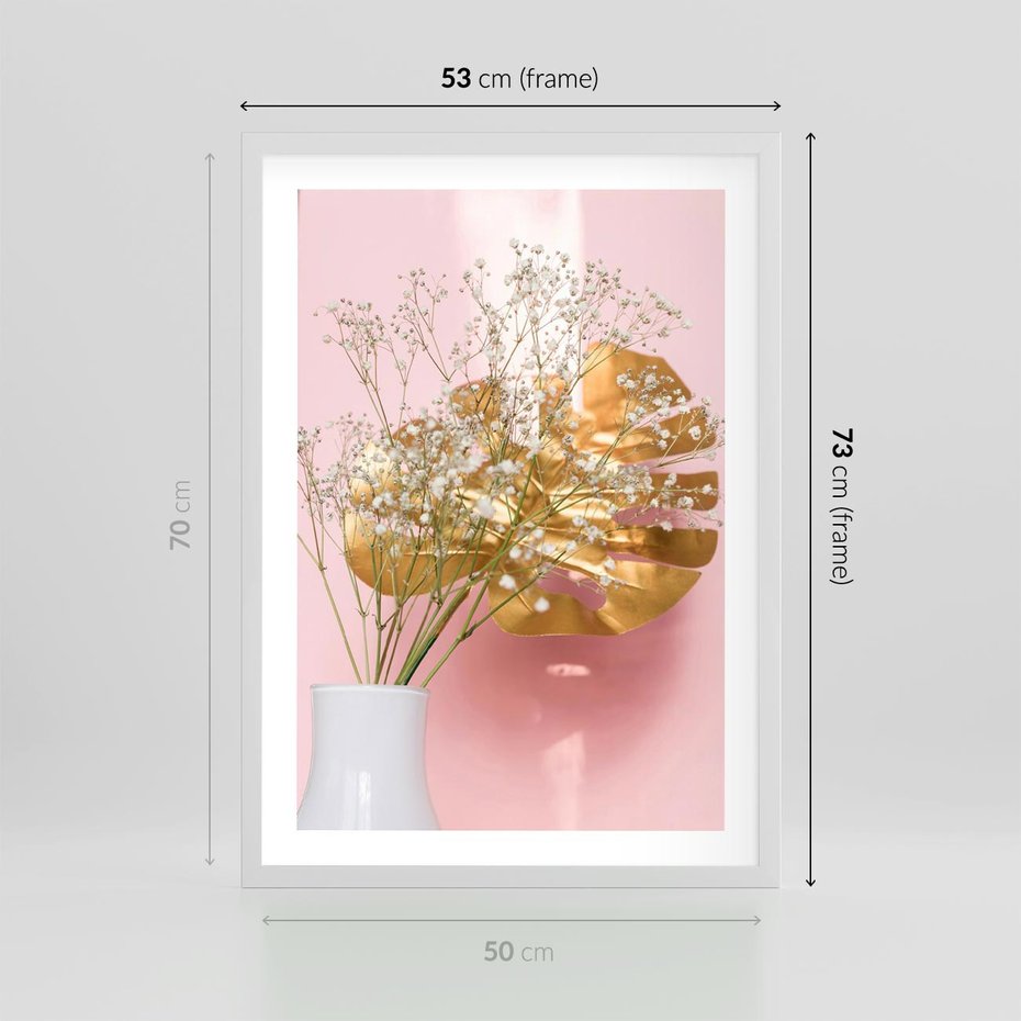 Plakat w ramie 50x70 - Blask Natury - złote, liście - rama biała