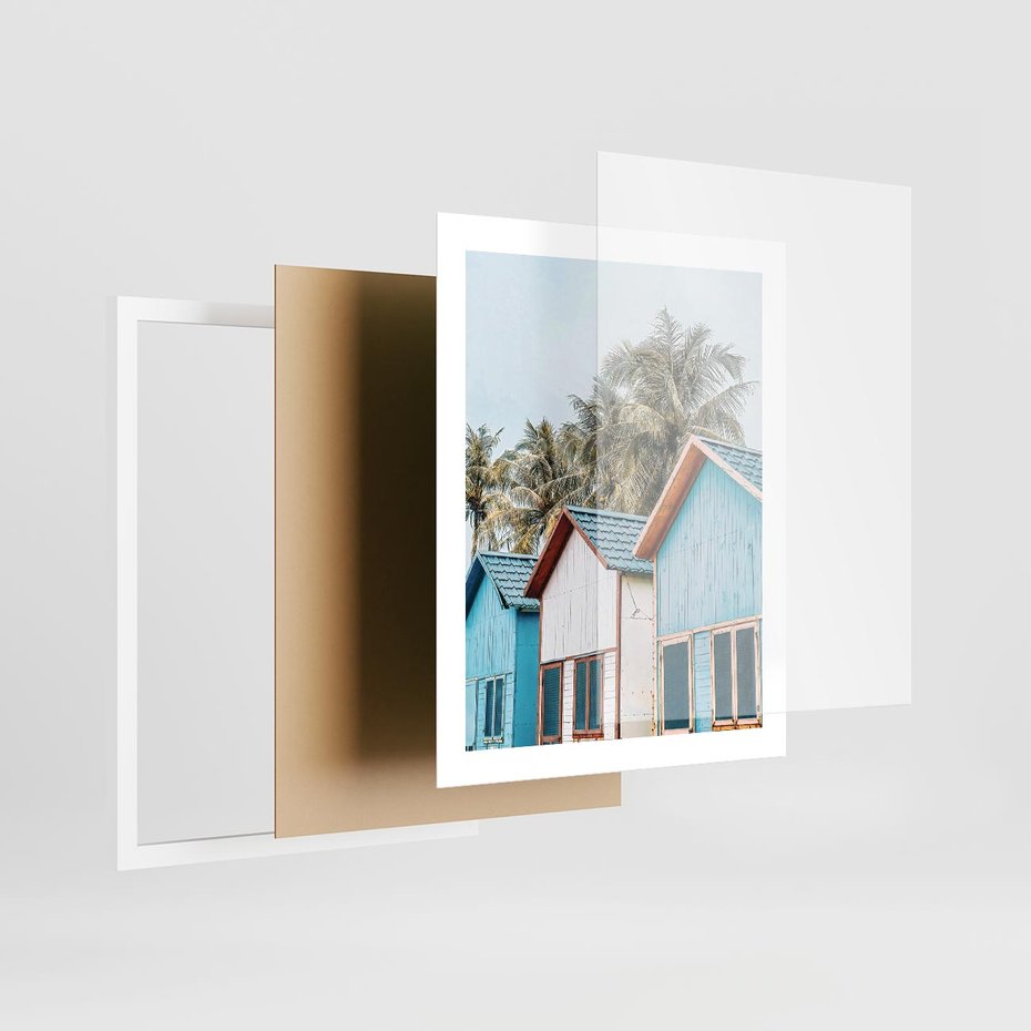 Plakat w ramie 40x50 - Rajskie Wakacje - domki na plaży, błękitne domki - rama biała