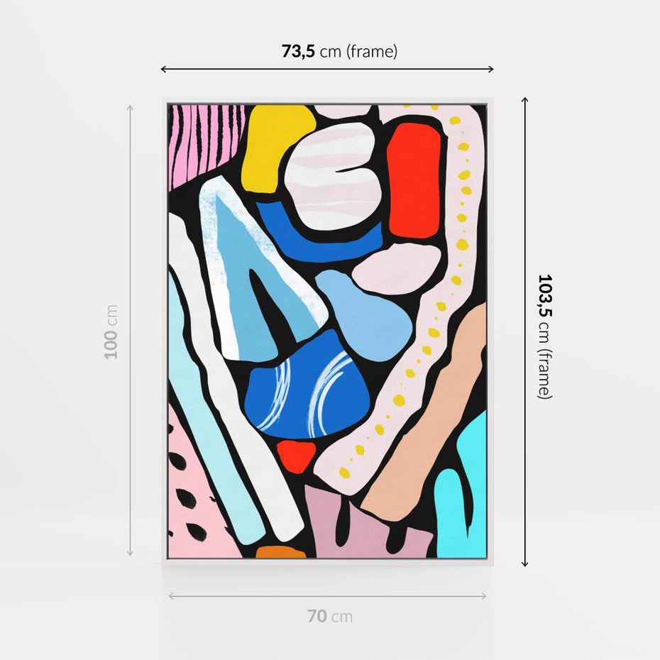 Obraz w ramie 70x100 - Kolory Na Czerni - abstrakcyjne formy, komiksowy styl - rama biała