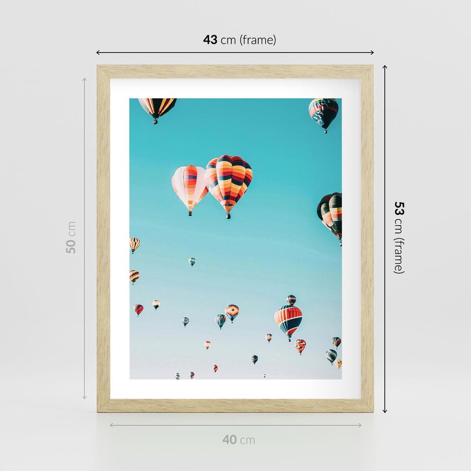 Plakat w ramie 40x50 - Balonowa Ekscytacja - balony latają w powietrzu, wyścigi balonów - rama drewno
