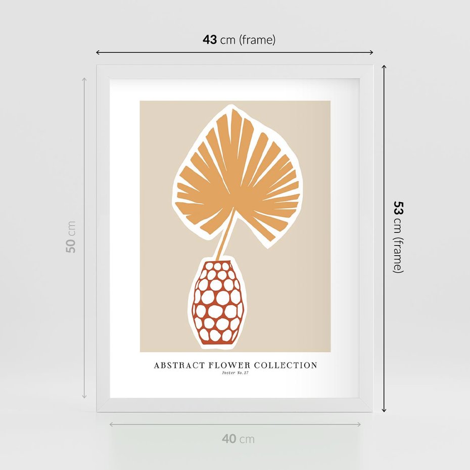 Plakat w ramie 40x50 - Kwiatowa Kreatywność - tropikalny liść w wazonie, typografia - rama biała
