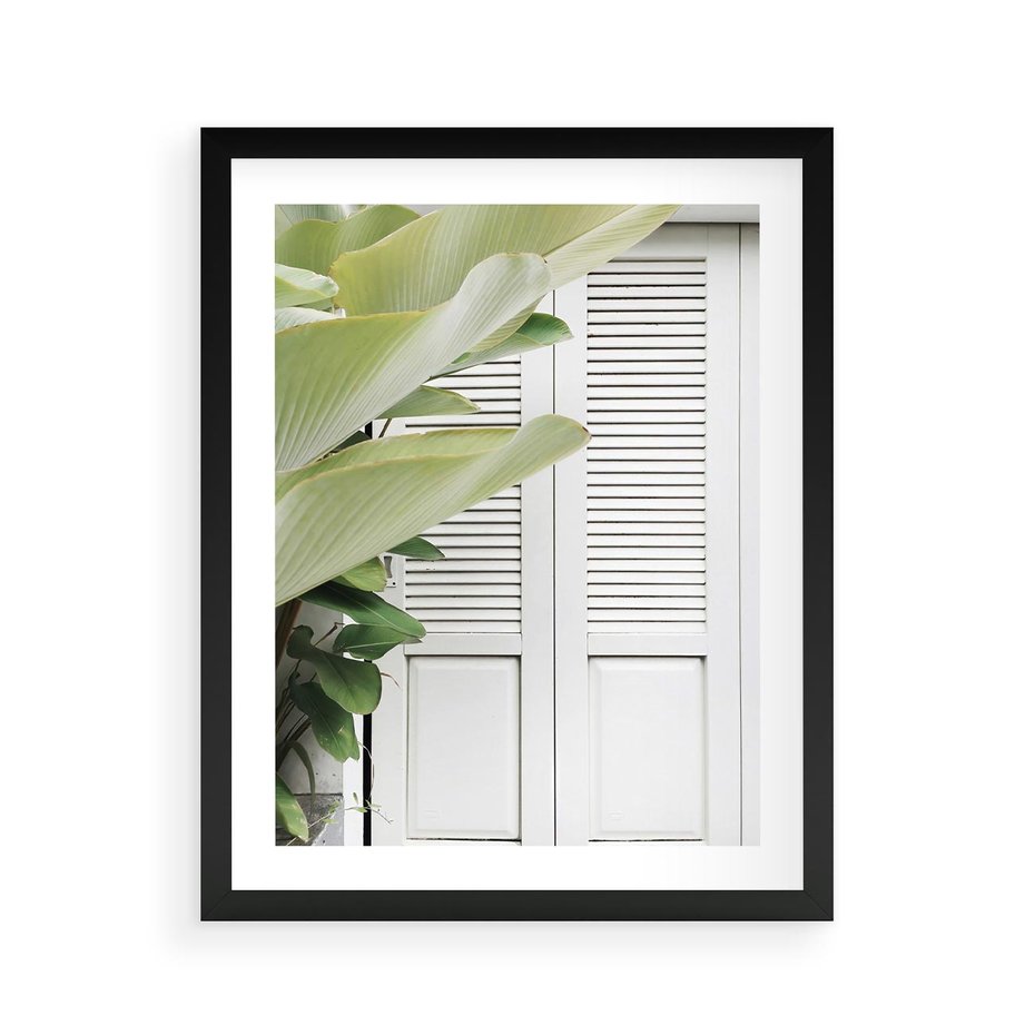 Plakat w ramie 40x50 - Tropikalne Okno - białe okiennice, zielona tropikalna roślina - rama czarna