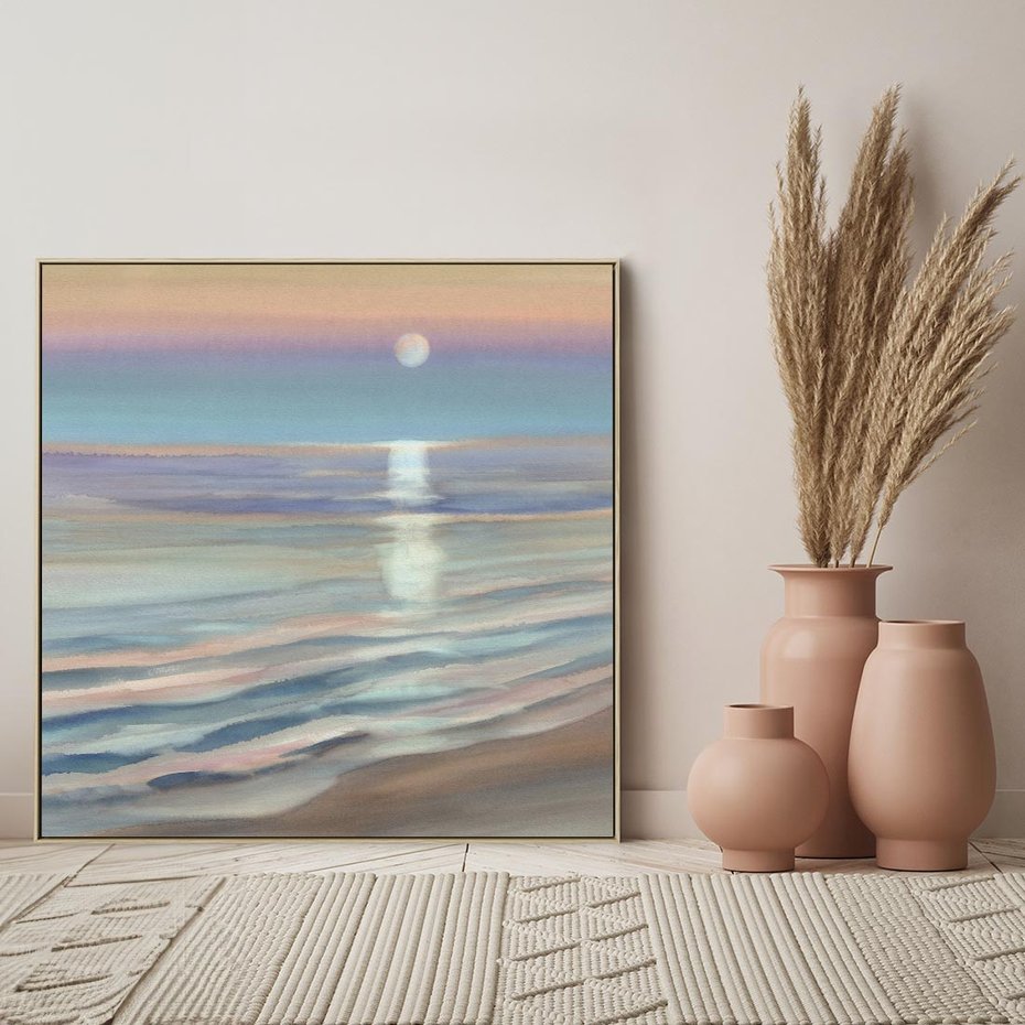 Obraz w ramie 50x50 - Witraże roziskrzonych myśli - akwarela, zamglony wschód słońca - rama drewno