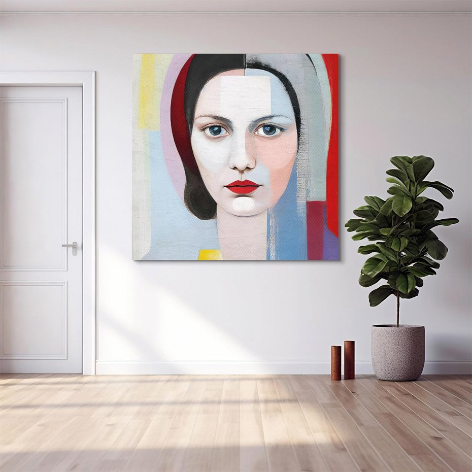 Obraz na płótnie 80x80 - Kolorowe Granice Form - abstrakcyjny obraz olejny, portret twarzy kobiety