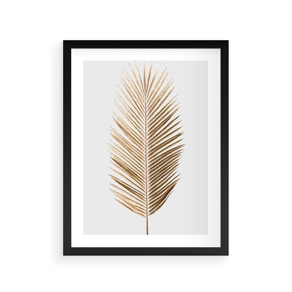 Plakat w ramie 30x40 - Złoty blask palmowego liścia - złota, palma - rama czarna