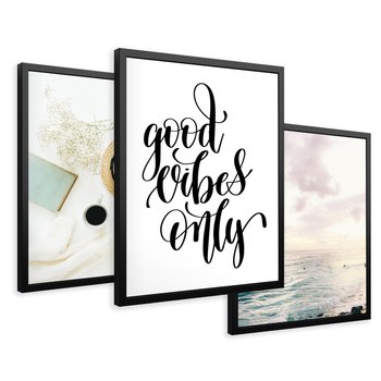 Zestaw obrazy w ramie 30x40 galeria - Good, vibes, plaża, boho, napis - rama czarna