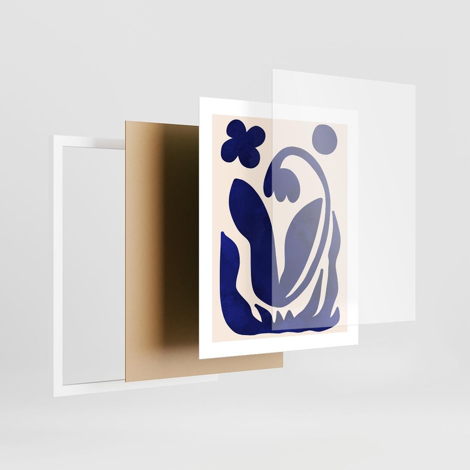 Plakat w ramie 40x50 - Bezgraniczne Echa Serca - abstrakcyjny obraz plakat, dziwne niebieskie kształty przypominają kwiat - rama biała