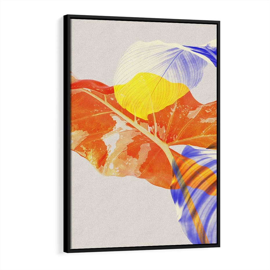 Obraz w ramie 50x70 - Energetyczne Indygo - retro, tropikalne liście - rama czarna
