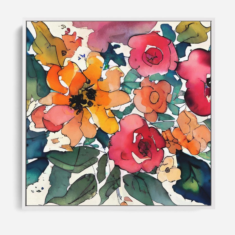 Obraz w ramie 50x50 - Kwiatowy Impuls Kolorów - abstrakcyjne kolorowe kwiaty, szkic - rama biała