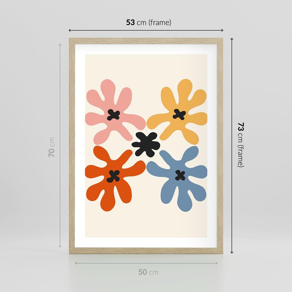 Plakat w ramie 50x70 - Taniec Akwareli - abstrakcyjne wielokolorowe kwiaty, minimalizm - rama drewno