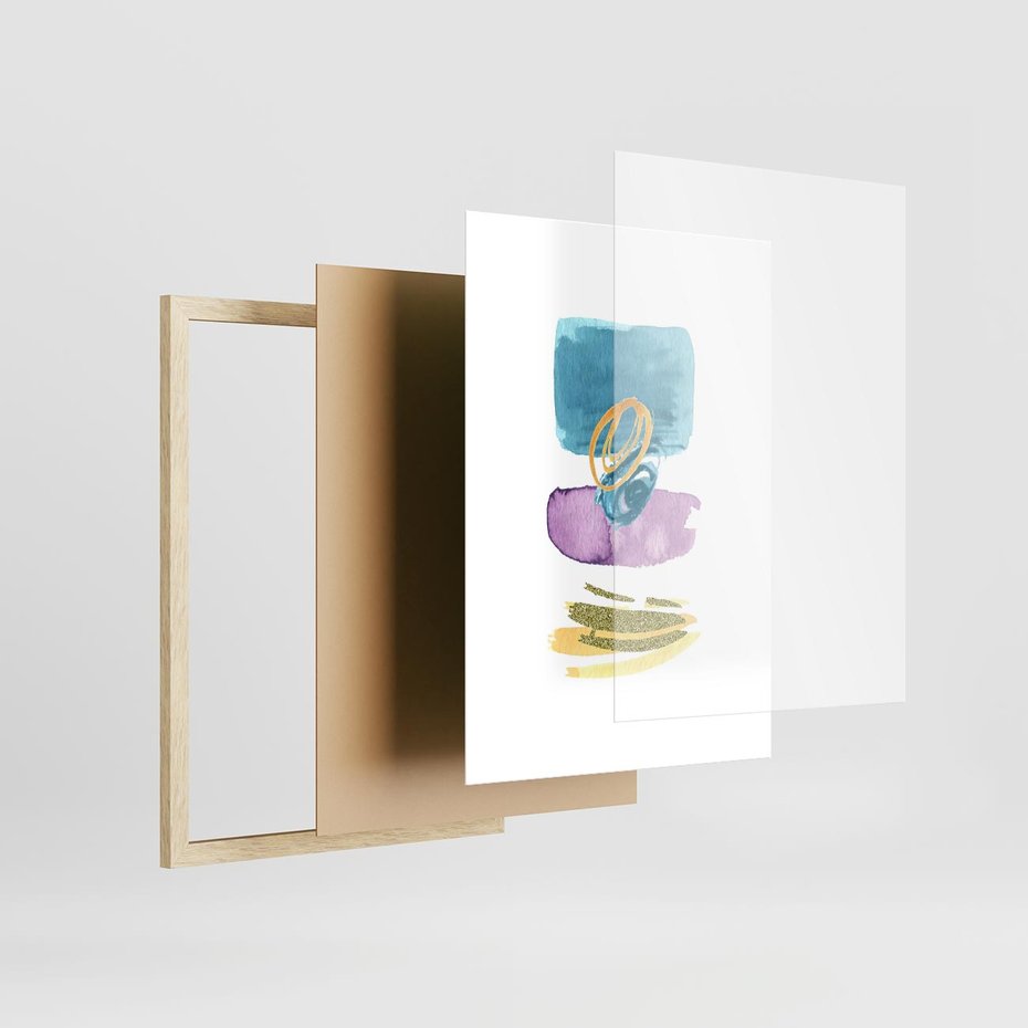 Plakat w ramie 30x40 - Taniec Akwarelowych Kresek - akwarelowe plamy w odcieniach błękitu, złote kreski - rama drewno