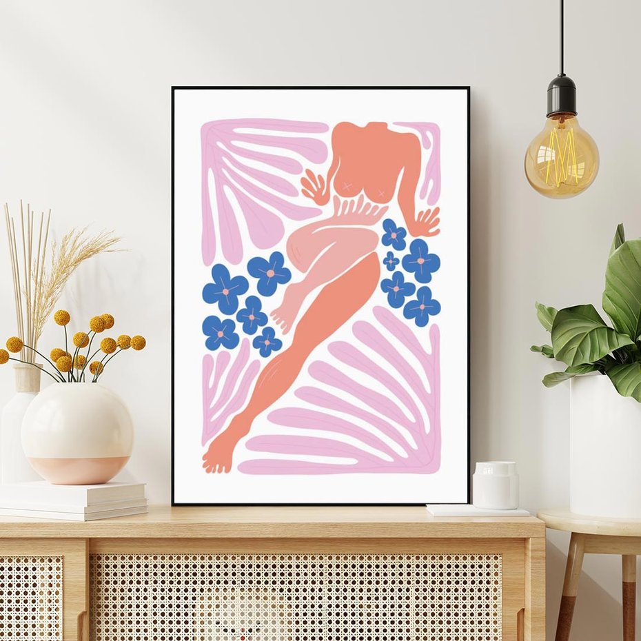 Obraz w ramie 70x100 - Opowieść Ognistych Rytów - nowoczesny kobiecy akt, graficzne kształty - rama czarna