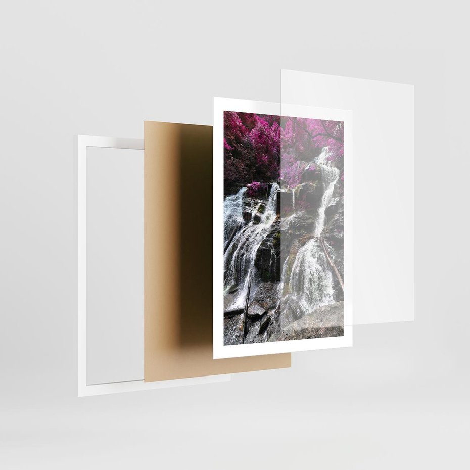 Plakat w ramie 50x70 - Wodospad wśród majestatycznych gór - wodospad, góry - rama biała