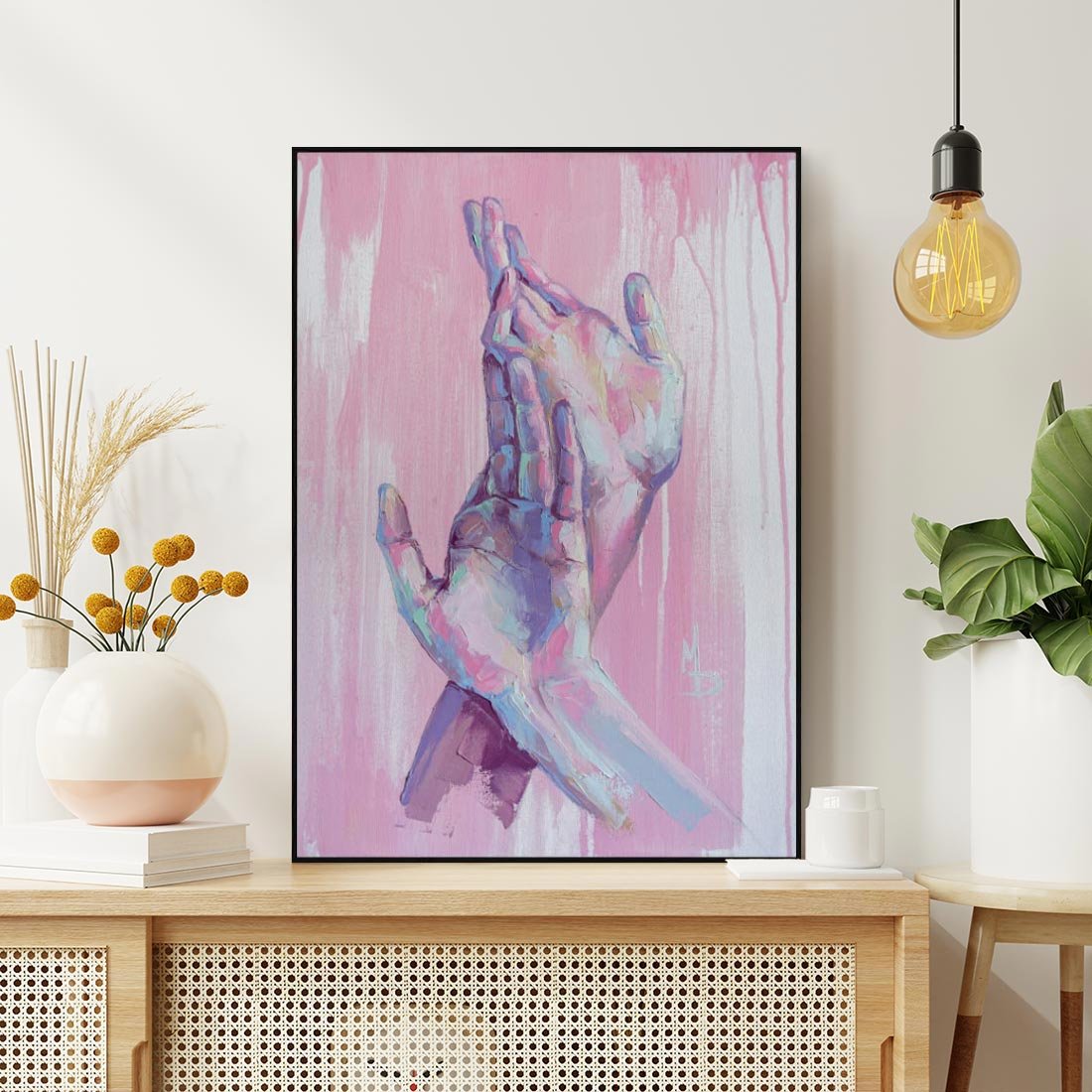 Obraz w ramie 50x70 - Splecione - obraz olejny, pastelowe kolory - rama czarna