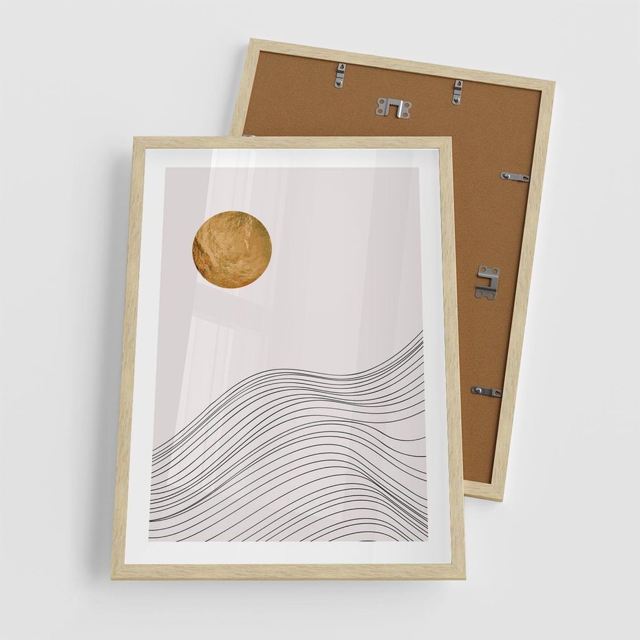 Plakat w ramie 50x70 - Minimalistyczne Słońce: Blask i Złoto - grafika, minimalizm - rama drewno