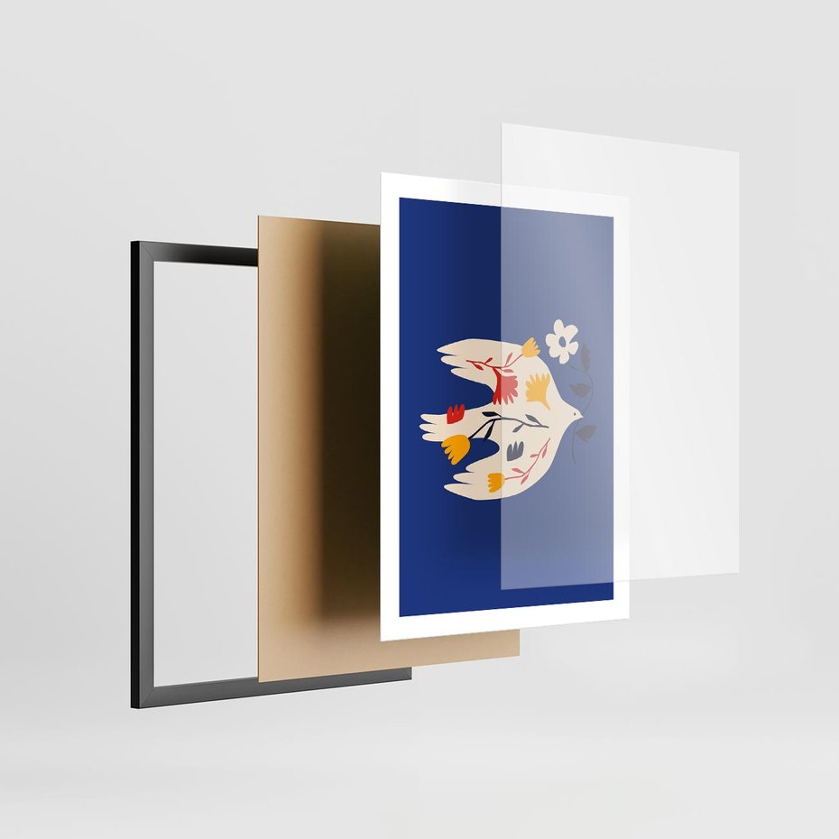 Plakat w ramie 50x70 - Bezczasowy Szept - niebieskie tło, abstrakcyjny biały ptak - rama czarna