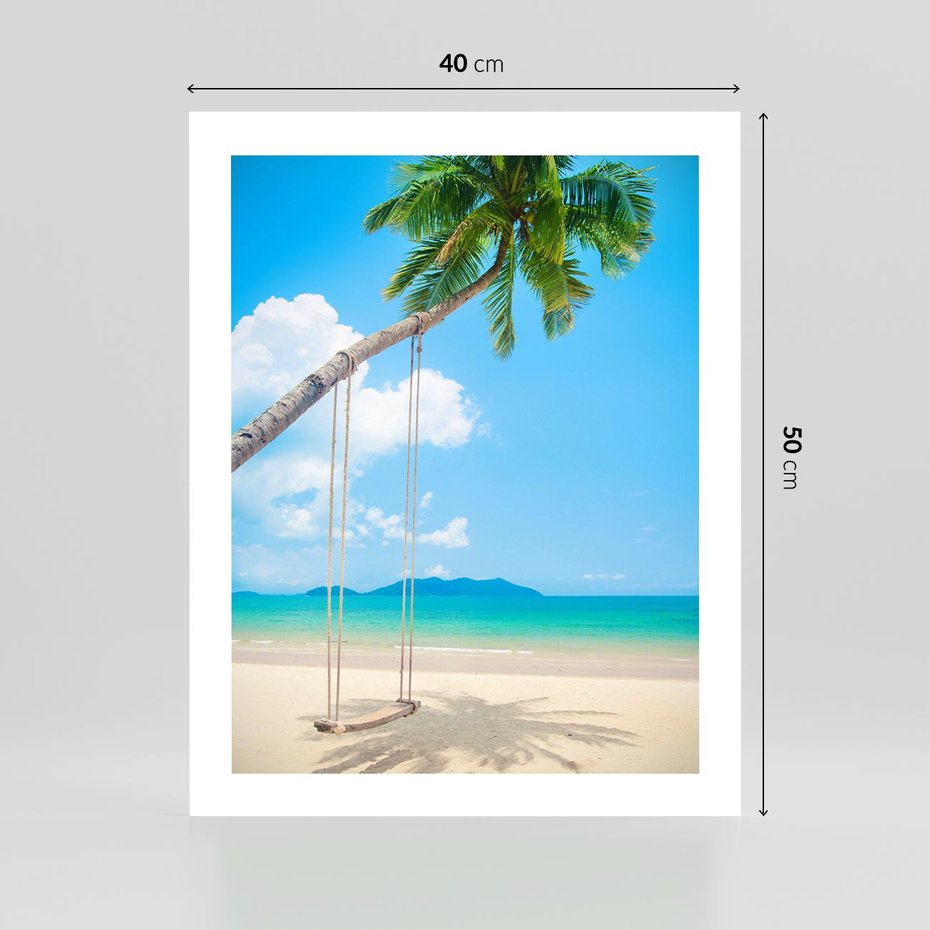 Plakat bez ramy 40x50 - Hawajska palma i huśtawka na plaży - palma, huśtawka