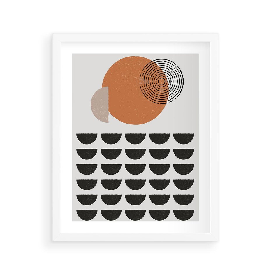 Plakat w ramie 40x50 - Geometryczna Ekspresja - geometryczny graficzny obraz, pomarańczowe koło - rama biała