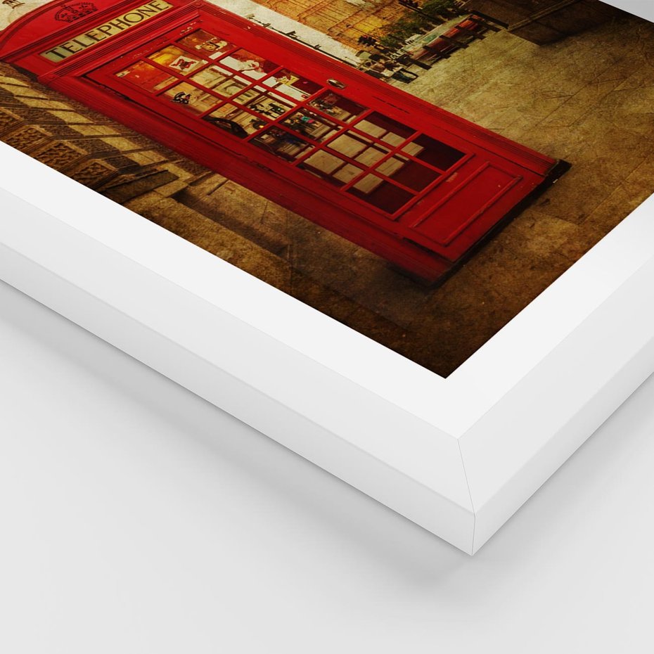 Plakat w ramie 30x40 - Ikoniczna budka telefoniczna w Londynie - sepia, budka - rama biała