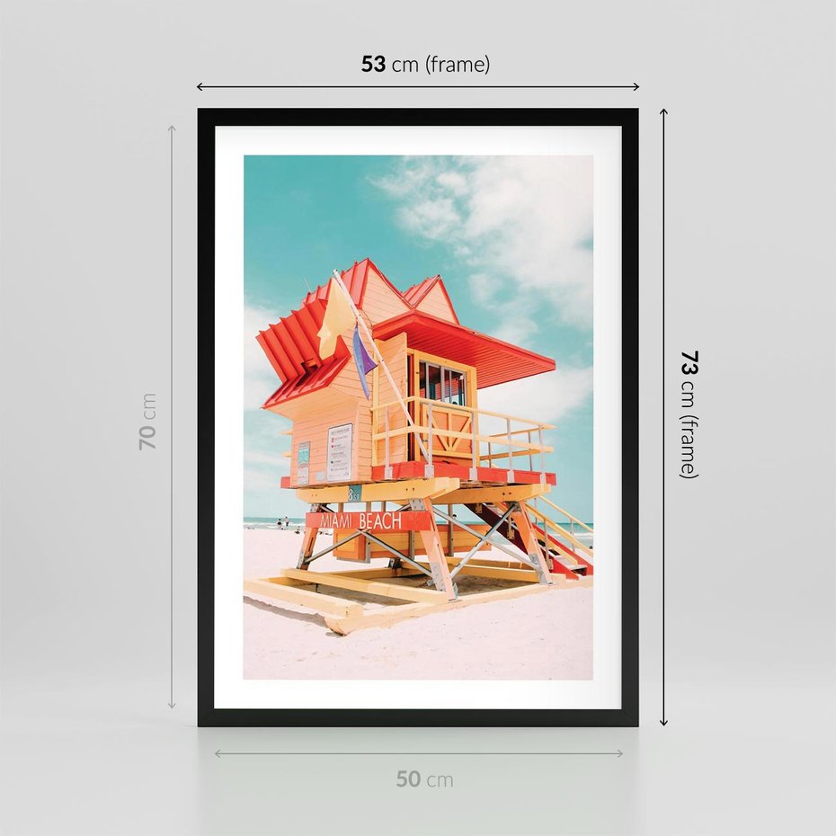 Plakat w ramie 50x70 - Rajski Widok - plaża miami, domek ratownika - rama czarna