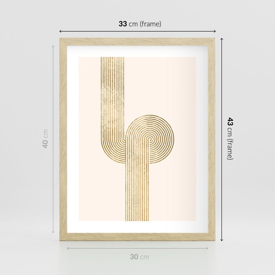 Plakat w ramie 30x40 - Podróżne Kształty - geometryczne linie w złotym kolorze, minimalizm - rama drewno