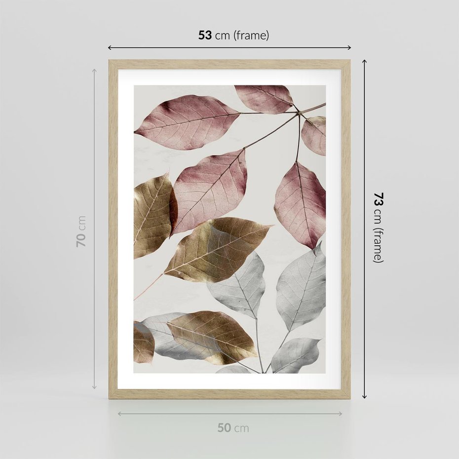 Plakat w ramie 50x70 - Pastelowe Liście z Nutką Złota - liście, pastelowe kolory - rama drewno