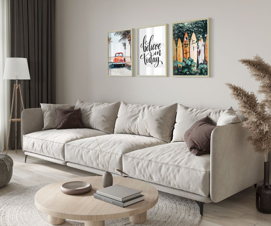 Zestaw obrazy w ramie 30x40 galeria - Pozytywny, cytat, lato, palmy - rama drewno