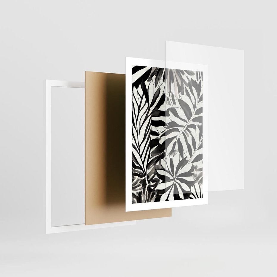 Plakat w ramie 50x70 - Czarne Liście - akwarelowy obraz, czarno biały - rama biała