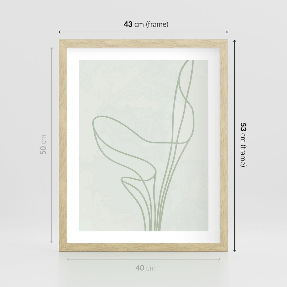 Plakat w ramie 40x50 - Zielona Równowaga Linii - abstrakcyjne delikatne zielone linie, nowoczesny plakat - rama drewno