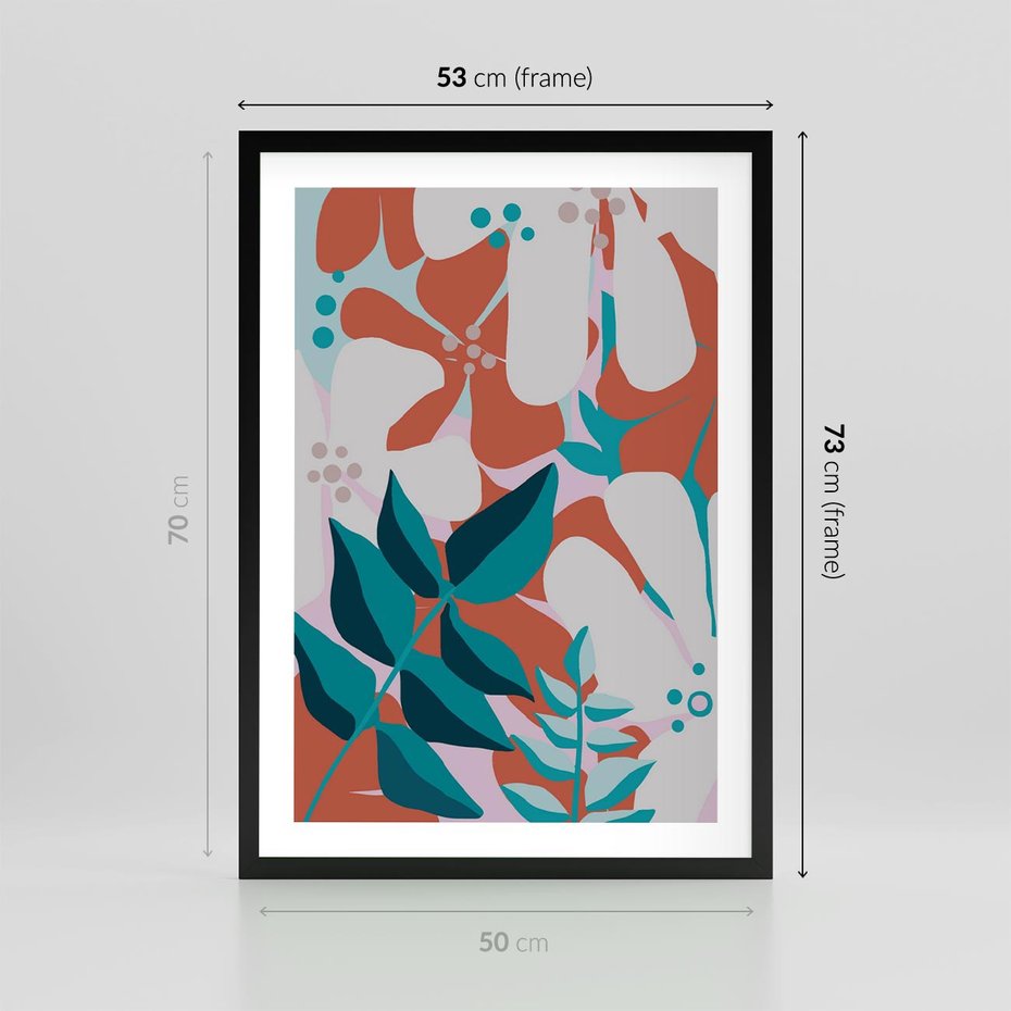 Plakat w ramie 50x70 - Harmonijne Formy - abstrakcyjna kompozycja kwiatowych form, kolor zgaszone - rama czarna