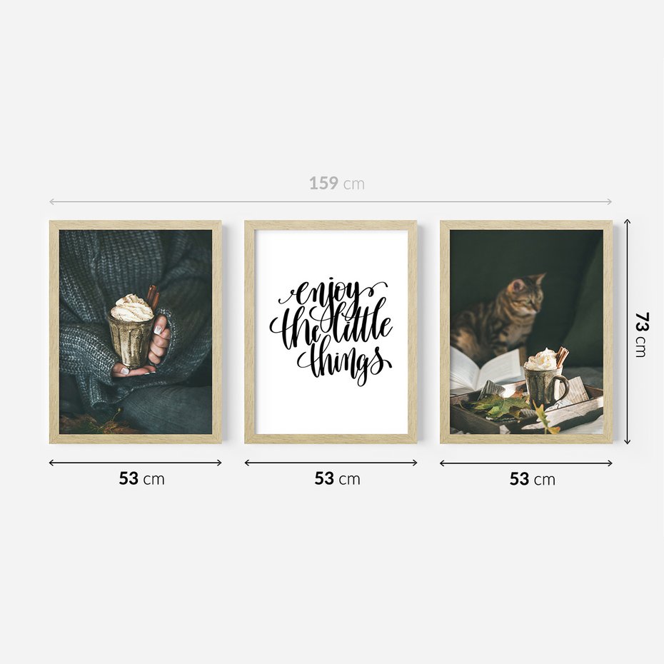 Zestaw obrazy w ramie 50x70 galeria - Optymistyczny, napis, cytat, kawa - rama drewno