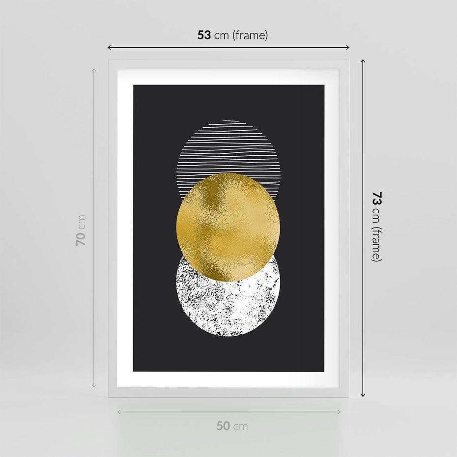 Plakat w ramie 50x70 - Geometryczna Perfekcja: Złote Koło - geometryczna grafika, złote koło - rama biała