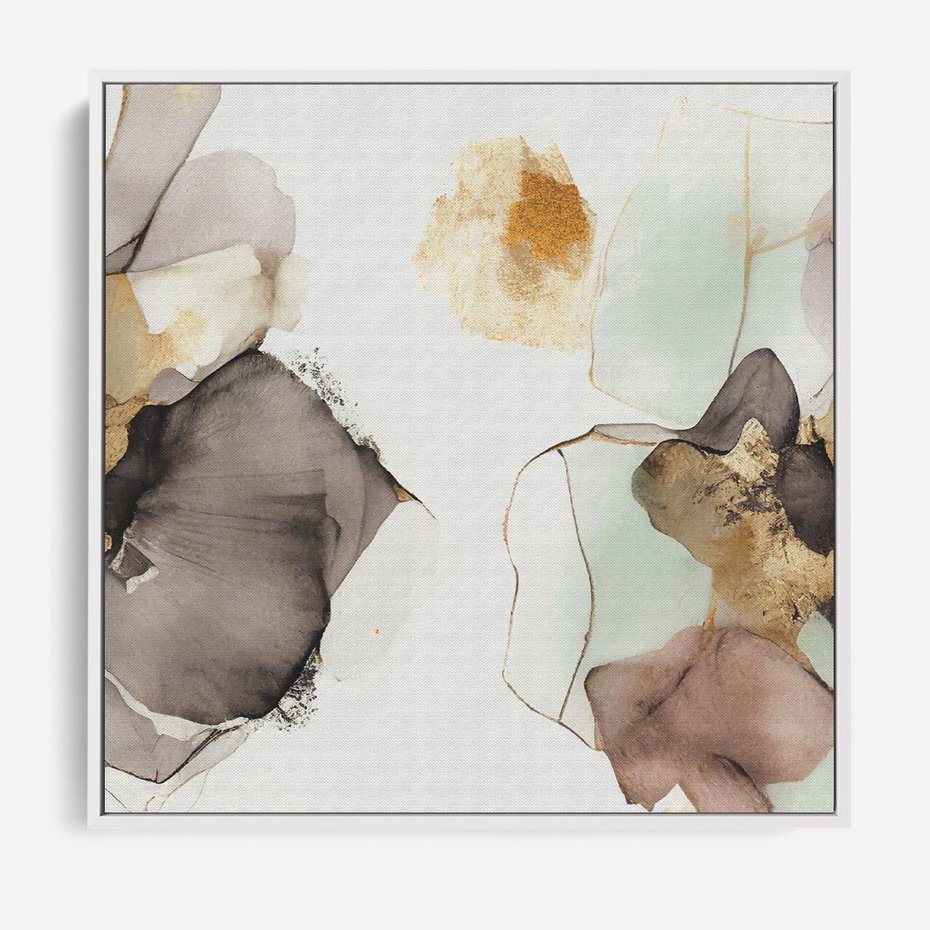 Obraz w ramie 50x50 - Nowoczesne Elegancje - akwarela, złote linie i plamy - rama biała