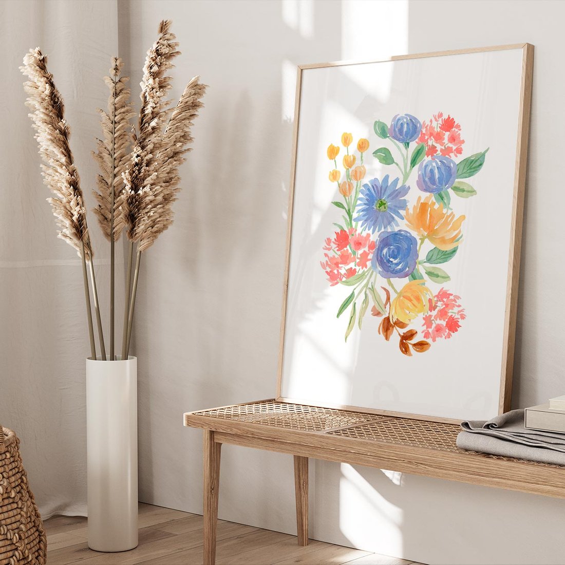 Plakat w ramie 30x40 - Kwiatowe Światło - akwarelowe kwiaty, bukiet - rama drewno