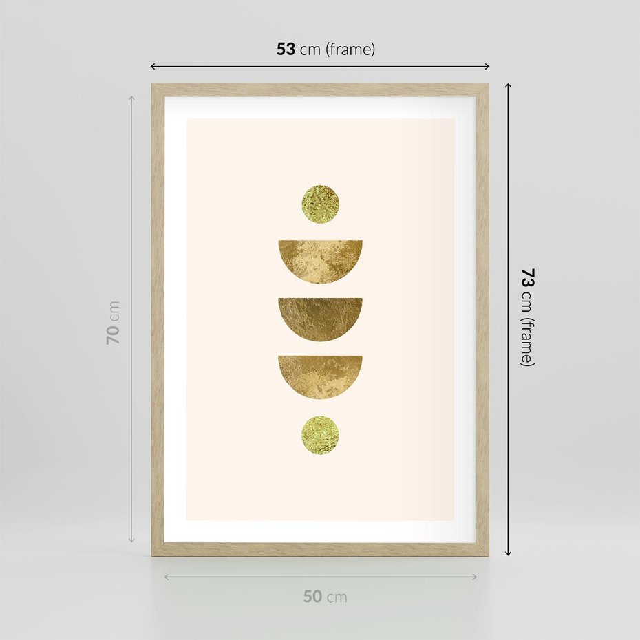 Plakat w ramie 50x70 - Harmonijne Odbicia - geometryczne złote kształty, tekstura - rama drewno